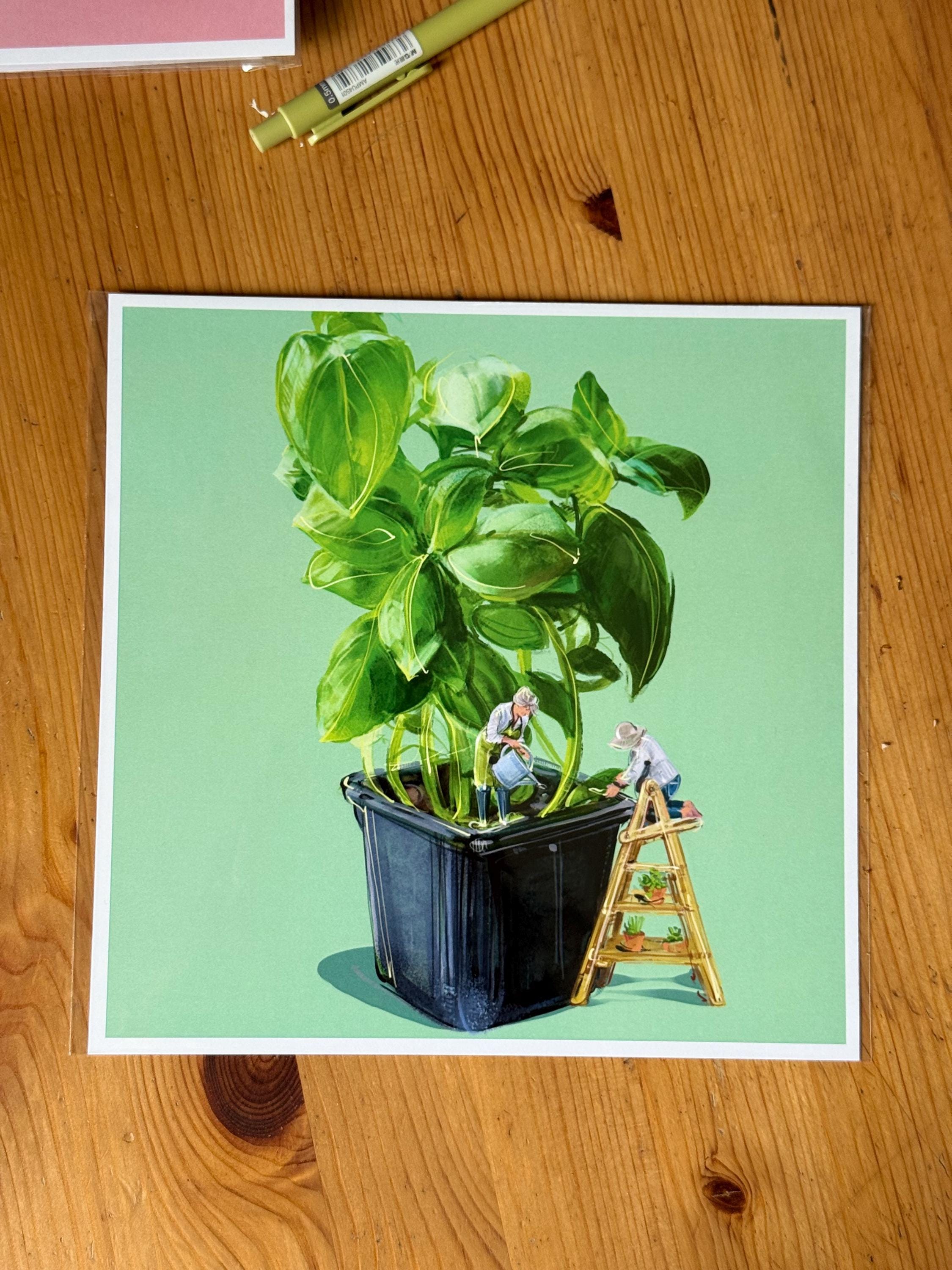 Basil Instinct Fine Art Print, Botanical Surrealism Whimsical Kitchen Illustration, Hand Signed