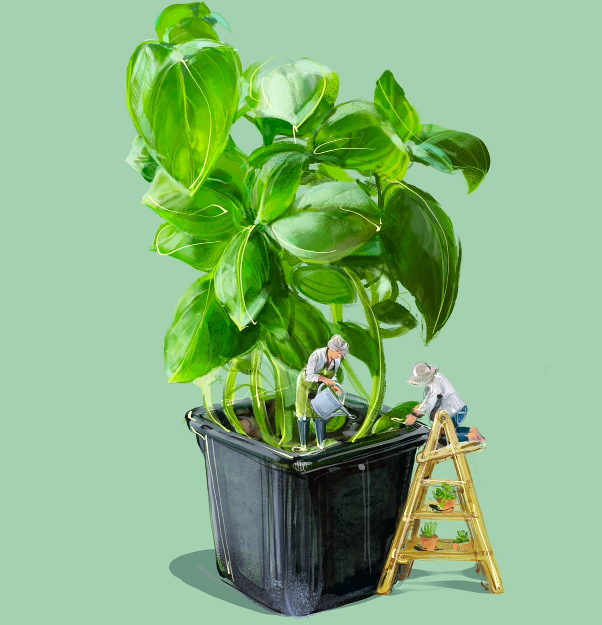 Basil Instinct Fine Art Print, Botanical Surrealism Whimsical Kitchen Illustration, Hand Signed