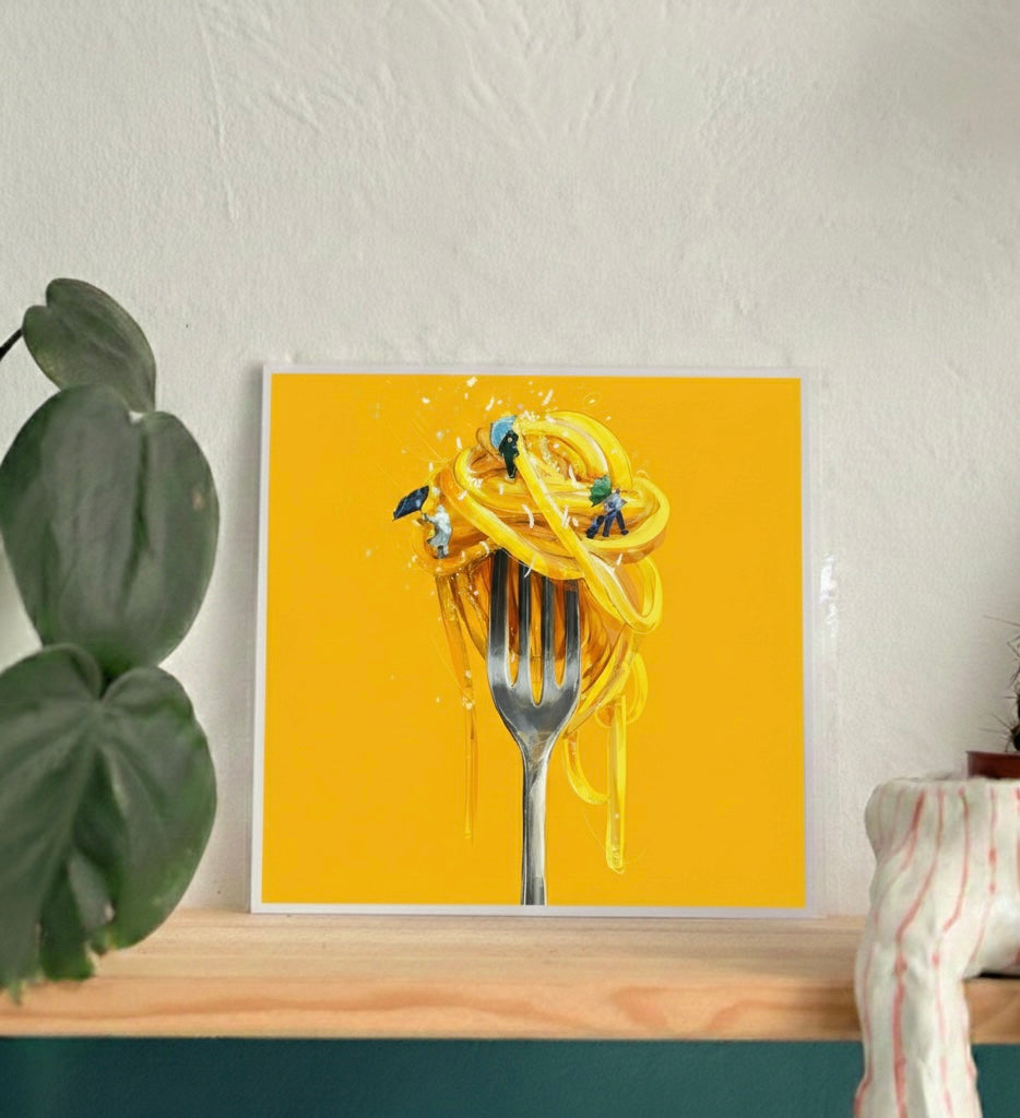 Surreal Fun Pasta Illustration Art Print: Whimsical Kitchen Decor Poster