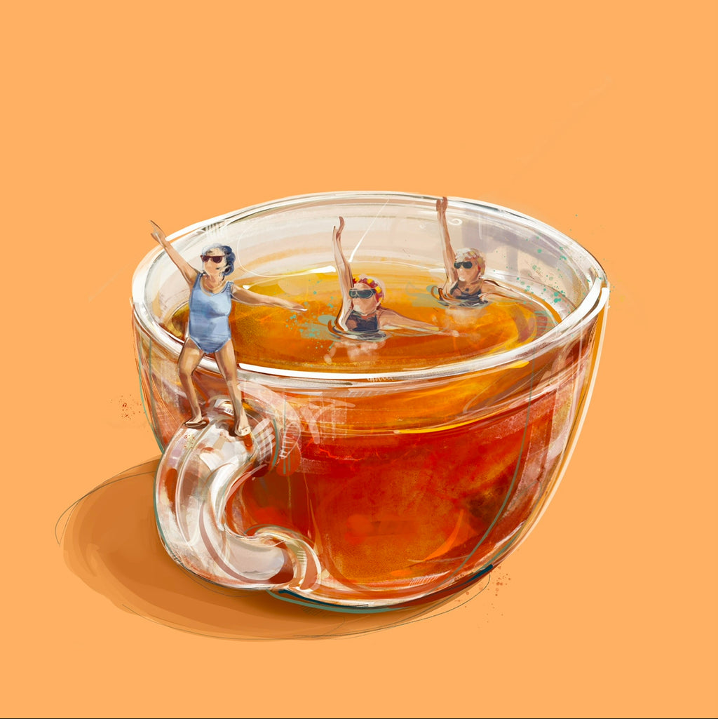 Illustration of people swimming in a glass of tea on an orange background