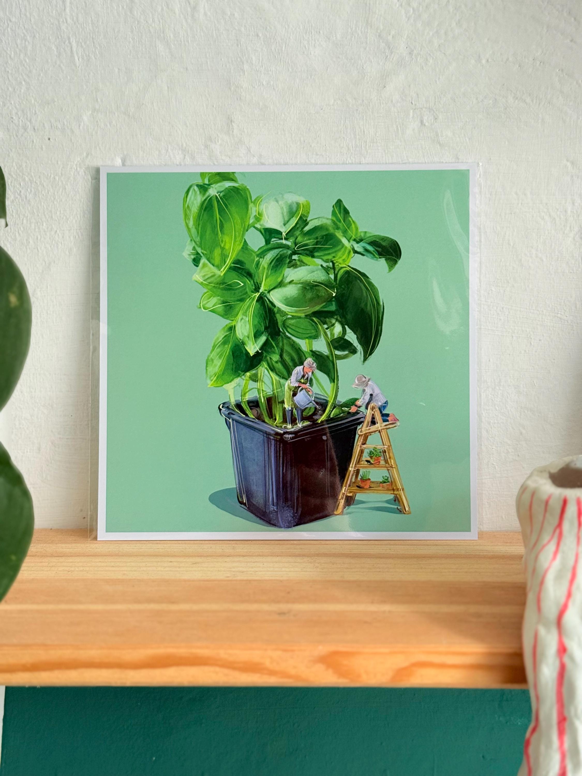 Basil Instinct Fine Art Print, Botanical Surrealism Whimsical Kitchen Illustration, Hand Signed